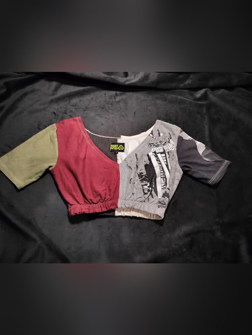SUAY Sew Shop Crop Top Upcycled Patchwork Jersey Graphic Tee Multicolor XS